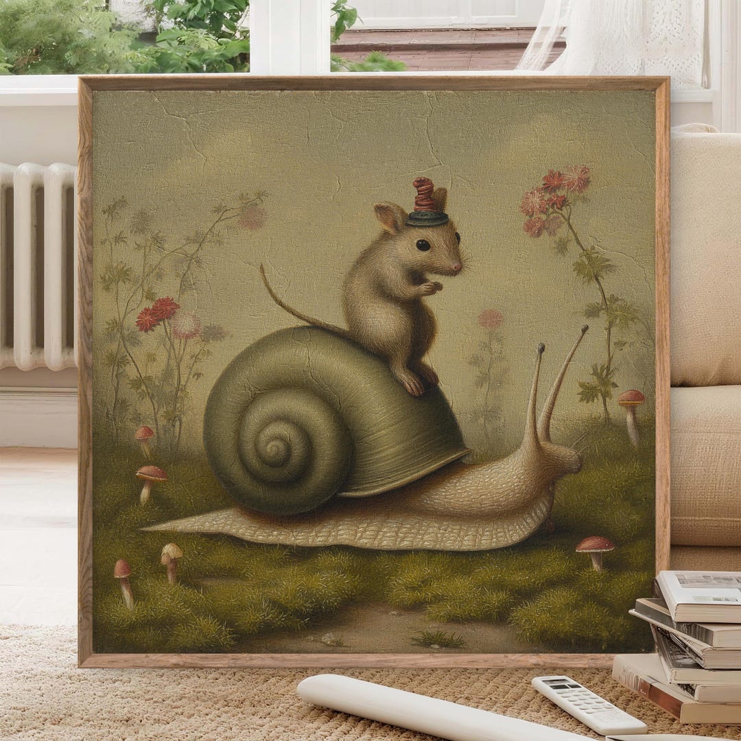 Mouse Riding Snail Whimsical Mouse Riding Snail Art Print, Vintage Storybook Animal ...