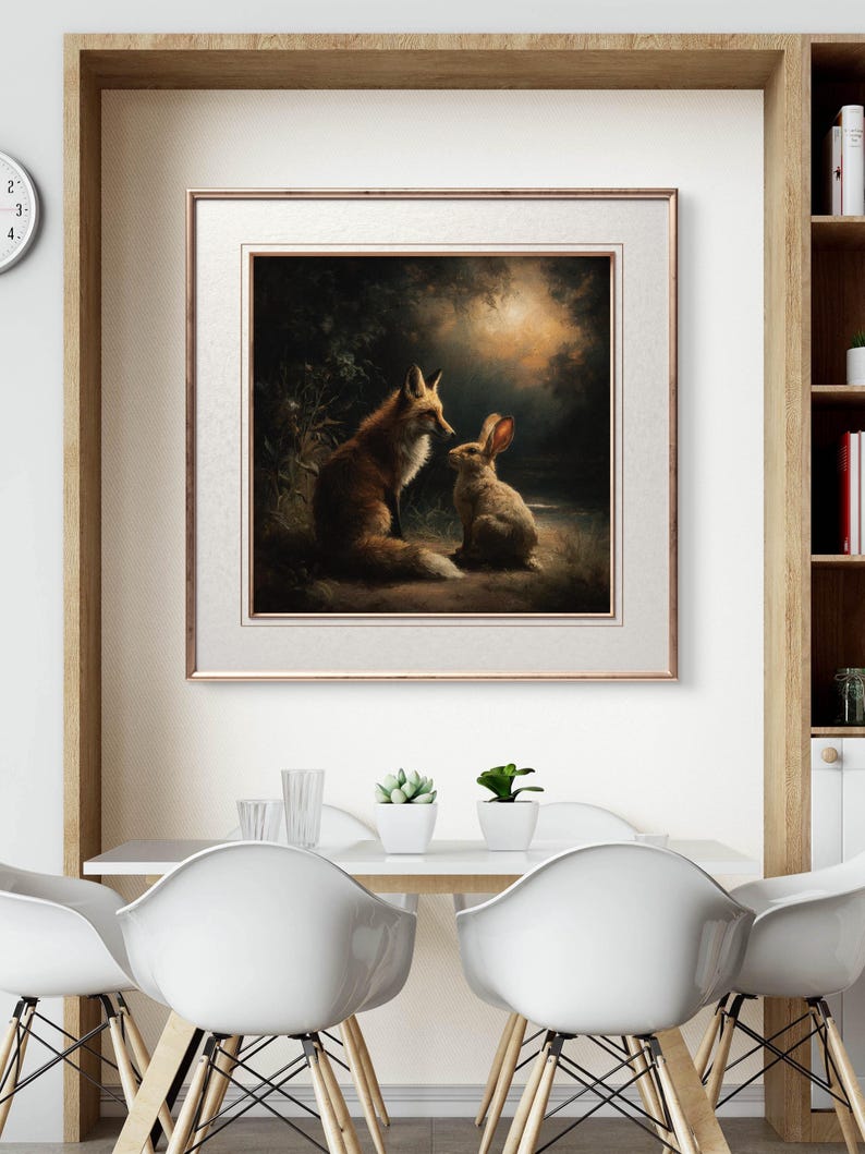 May include: Framed artwork featuring a fox and a rabbit in a forest setting. The fox has reddish-brown fur, and the rabbit is light brown. The artwork is framed in a gold-colored frame and hangs above a white table with white chairs.