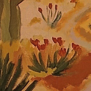 May include: Abstract painting with a textured background in shades of brown, yellow, and orange. The painting features stylized flowers with red petals and green stems.