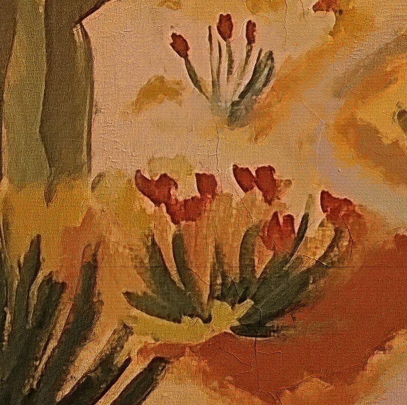 May include: Abstract painting with a textured background in shades of brown, yellow, and orange. The painting features stylized flowers with red petals and green stems.