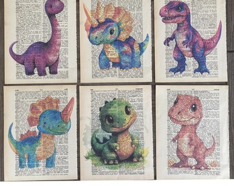 Dinosaur Themed dictionary prints - 6 piece set - Dinosaur Nursery, Boys Room Dinosaur Decor - printed on vintage dictionary pages #1065
