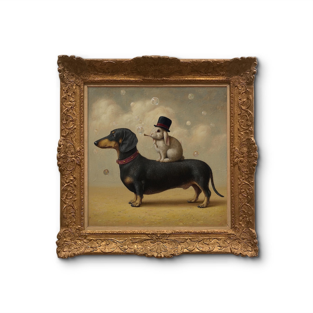 Whimsical Dachshund and Rabbit – Vintage-style Funny Animal Oil ...
