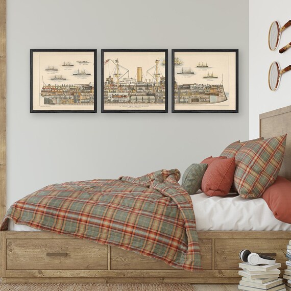 UK Battleship panorama reprint -Vintage chromolithographic Naval reprint - 4 sizes (in 1 or 3 pieces) up to 72x24 & 3 color choices