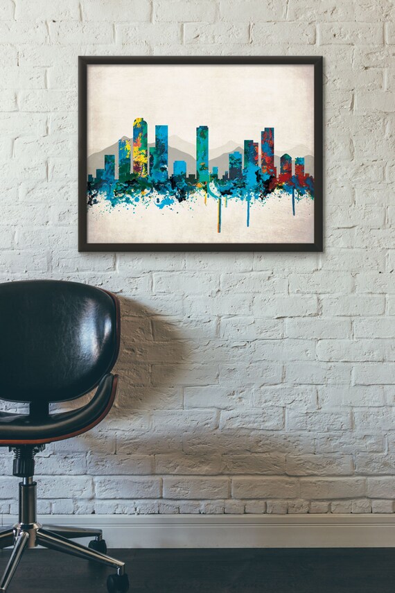 Denver City Skyline digital Watercolor Art Print Modern Home - Etsy