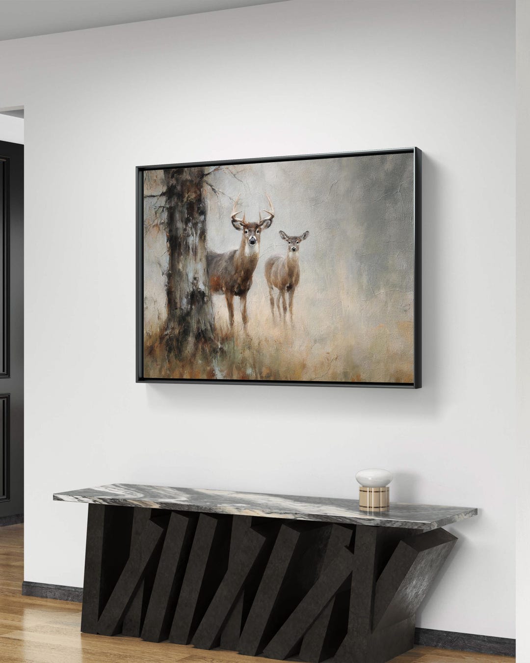 Misty Forest Deer Wall Art Print – Rustic Woodland Stag and Doe ...