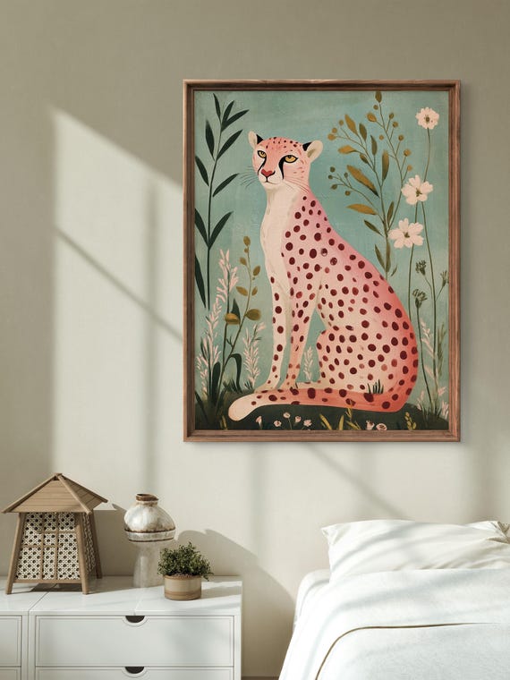 Pink cheetah print, Leopard wall art, Jungle animal decor, Floral cheetah art, Whimsical animal art, Sold UNFRAMED #215