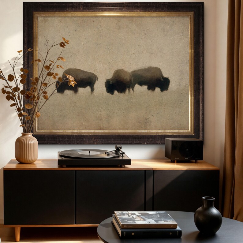 Minimalist Bison Wall Art Print, Vintage-style Wildlife Oil Painting ...