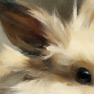 Puede incluir: Primer plano de una pintura del ojo y la oreja de un conejo. El ojo es negro y el pelaje es una mezcla de blanco, marr&oacute;n y beige. La pintura tiene un aspecto texturizado y agrietado, lo que le da un aspecto envejecido.