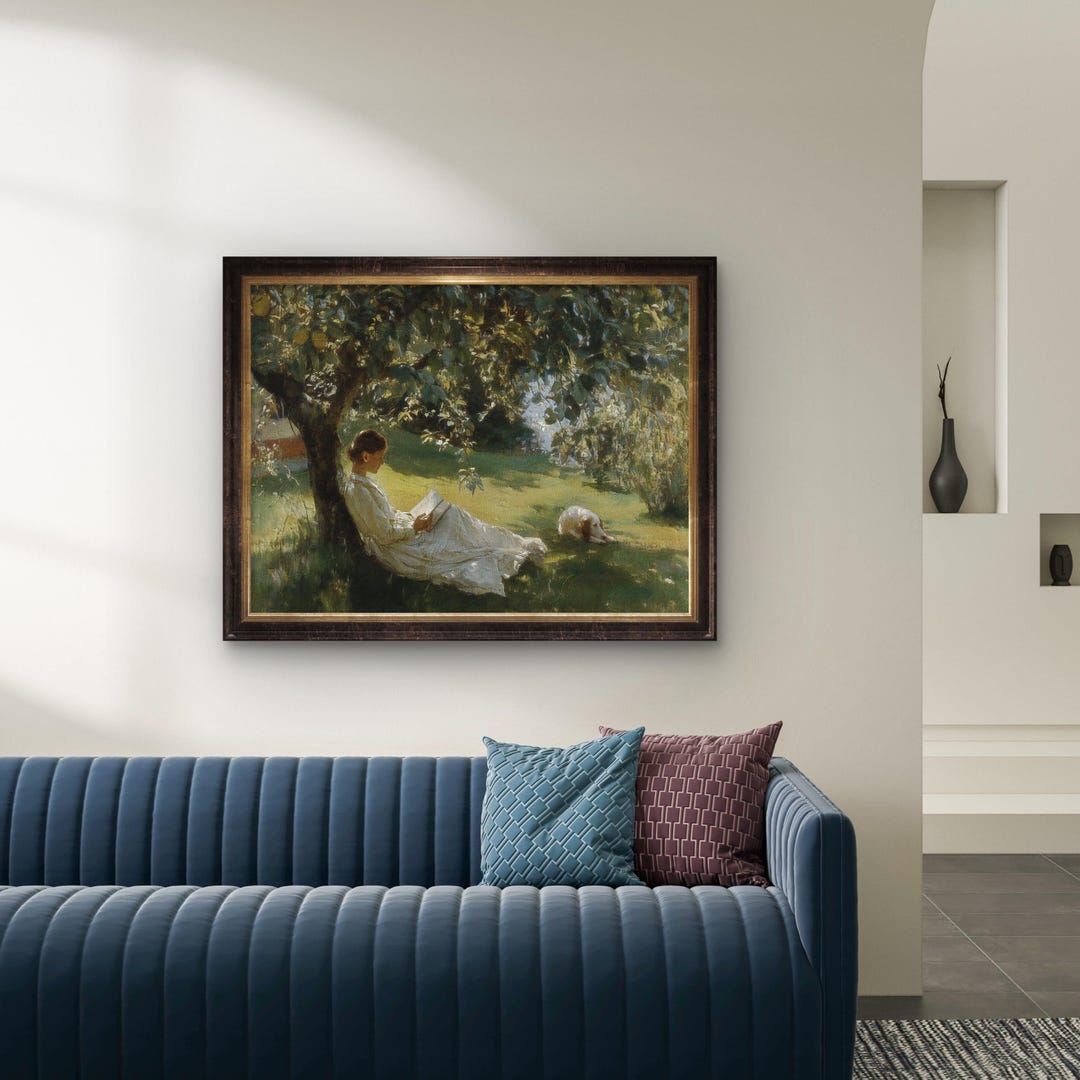 Vintage-style Reading Woman Under Tree – Romantic Pastoral Oil Painting ...