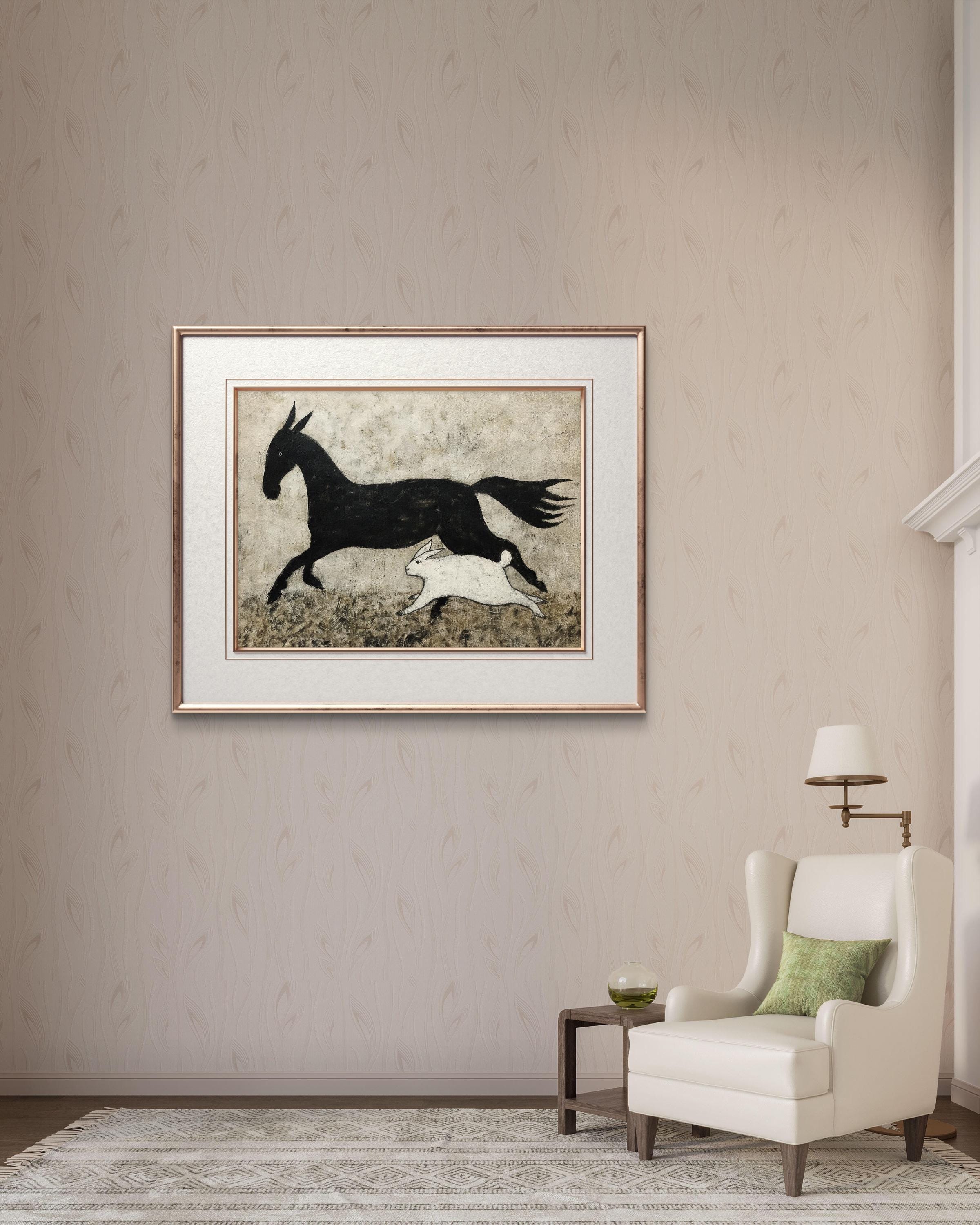 Minimalist Horse and Rabbit Art Print | Black White Animal Painting ...