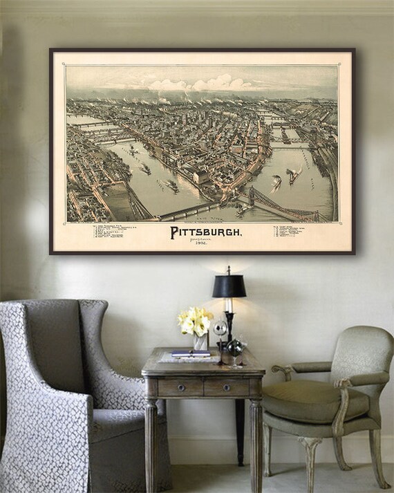1902 Pittsburgh Panorama Vintage Pittsburgh Map Home Decor Reprint 5 Large Xl Sizes Up To 54 X 36