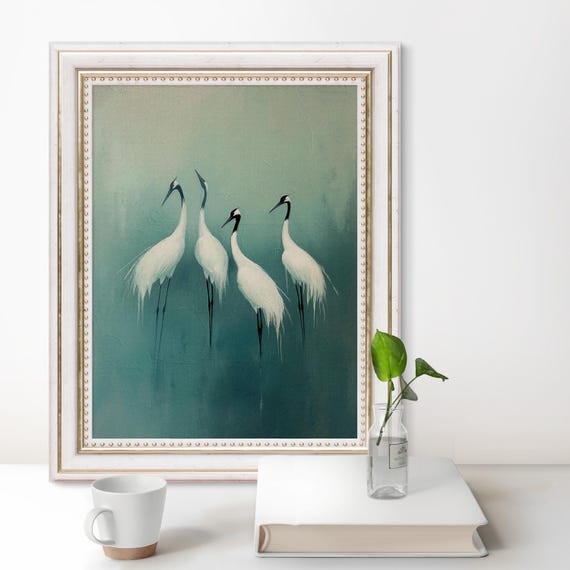 Crane Wall Art, Minimalist Bird Art, Japanese Crane Print, Asian Aesthetic Decor, Zen Nature Painting，Sold UNFRAMED #157