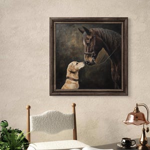 May include: A framed painting of a brown horse and a golden retriever dog looking at each other. The horse is wearing a bridle and the dog is wearing a collar. The painting is set against a dark brown background.