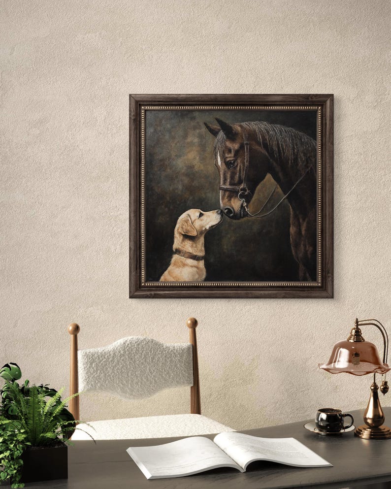 May include: A framed painting of a brown horse and a golden retriever dog looking at each other. The horse is wearing a bridle and the dog is wearing a collar. The painting is set against a dark brown background.