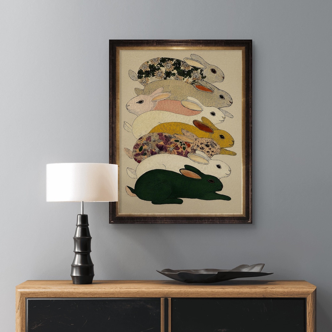 Contemporary Rabbit Designs Colorful Mid-century Rabbits Art Print – Whimsical Floral Rabbits ...