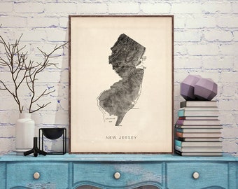 New Jersey relief map reprint, Vintage New Jersey map reprint - 6 large/XL sizes up to 40"x30" and three color schemes