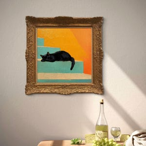 May include: A framed painting of a black cat sleeping on a set of blue and orange stairs.