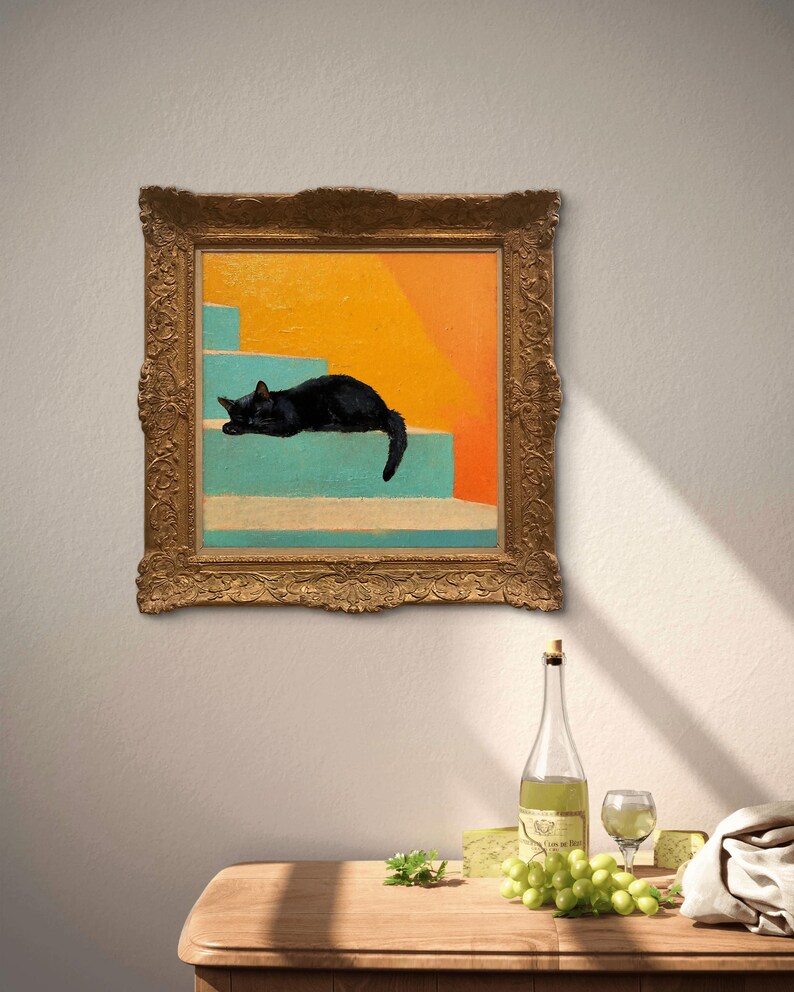 May include: A framed painting of a black cat sleeping on a set of blue and orange stairs.