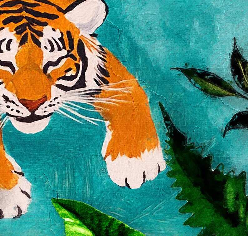 May include: A close-up of a tiger's face with orange and black stripes, looking directly at the viewer. The tiger is painted on a teal background with green leaves.