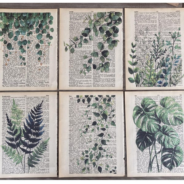 Plant Themed dictionary prints - 6 piece set - Watercolor Plant print, Art on dictionary page - printed on vintage dictionary pages #996
