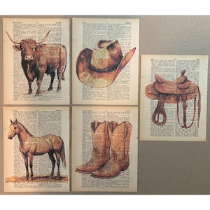 Cowboy Western Wall themed dictionary print set #1155 - Southwest Decor - 5-piece set  - printed on upcycled vintage dictionary pages