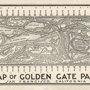 May include: A black and white map of Golden Gate Park in San Francisco, California. The map shows the layout of the park, including roads, paths, and buildings. The text "MAP of GOLDEN GATE PARK" is printed in the center of the map.