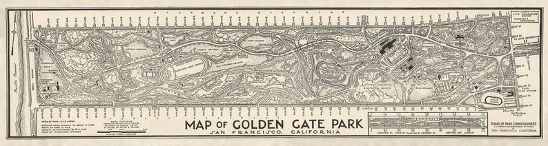 May include: A black and white map of Golden Gate Park in San Francisco, California. The map shows the layout of the park, including roads, paths, and buildings. The text "MAP of GOLDEN GATE PARK" is printed in the center of the map.
