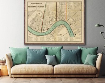 1845 New Orleans map reprint, Vintage New Orleans "The Big Easy" map reprint  - 4 sizes up to 40" x 30" & three color choices - unframed