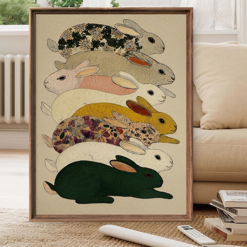 Contemporary Rabbit Designs Colorful Mid-century Rabbits Art Print – Whimsical Floral Rabbits ...