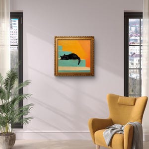 May include: A framed painting of a black cat lying on a set of teal stairs with an orange background.