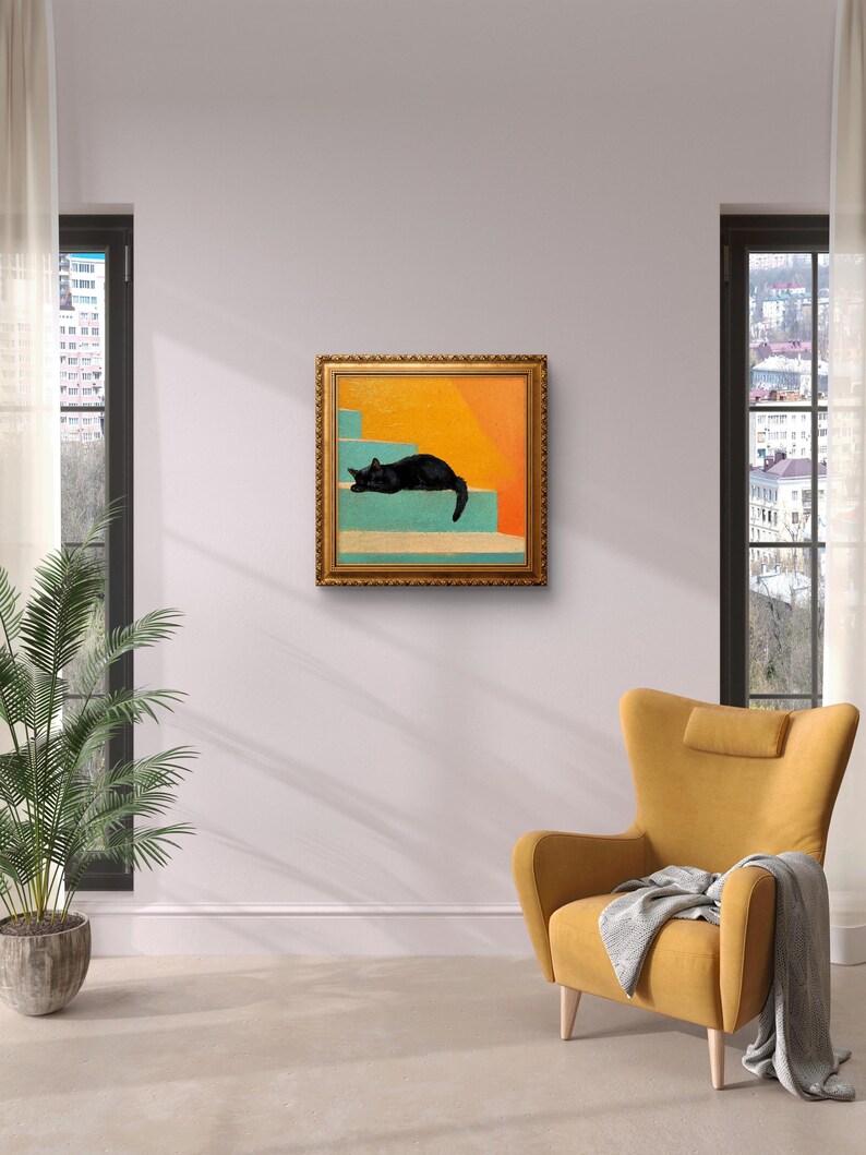 May include: A framed painting of a black cat lying on a set of teal stairs with an orange background.