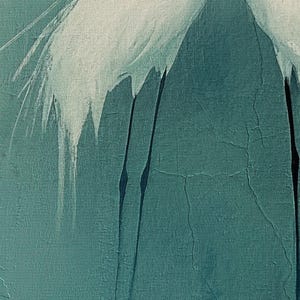 May include: Abstract painting with white brushstrokes on a teal background. The brushstrokes are reminiscent of feathers or a bird's wing. There are black lines running vertically down the canvas.