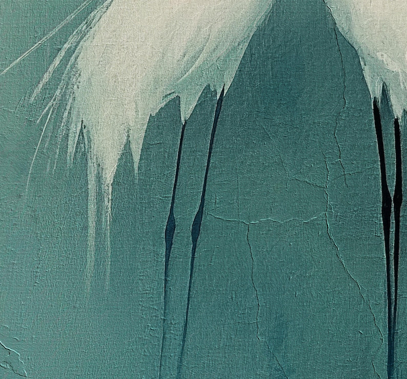May include: Abstract painting with white brushstrokes on a teal background. The brushstrokes are reminiscent of feathers or a bird's wing. There are black lines running vertically down the canvas.