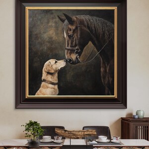 May include: A framed painting of a brown horse and a golden retriever dog looking at each other. The horse is wearing a bridle and the dog is looking up at the horse.