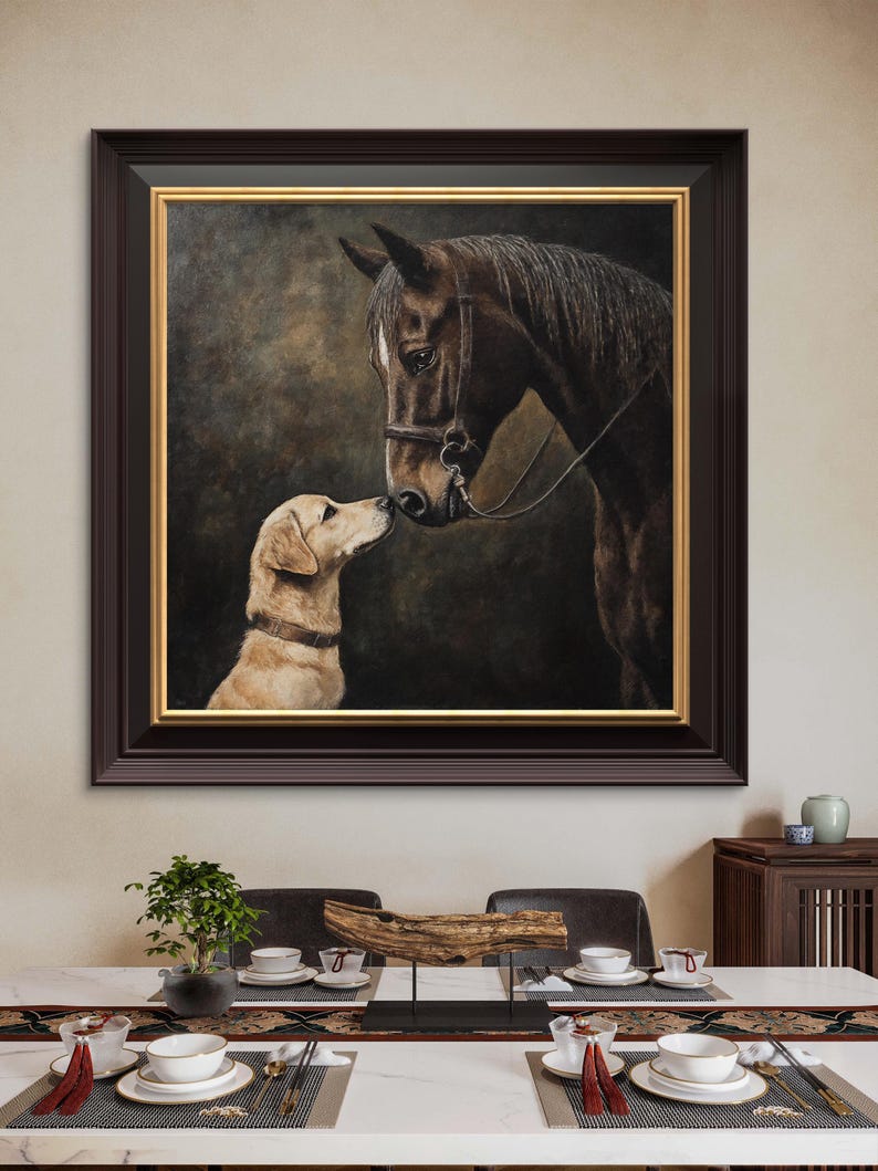 May include: A framed painting of a brown horse and a golden retriever dog looking at each other. The horse is wearing a bridle and the dog is looking up at the horse.