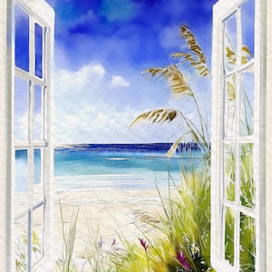 May include: A watercolor painting of a window with a view of a beach and ocean. The window is open and the view is framed by white window panes. The beach is sandy and there are green plants in the foreground.