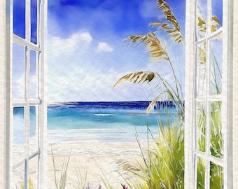 May include: A watercolor painting of a window with a view of a beach and ocean. The window is open and the view is framed by white window panes. The beach is sandy and there are green plants in the foreground.