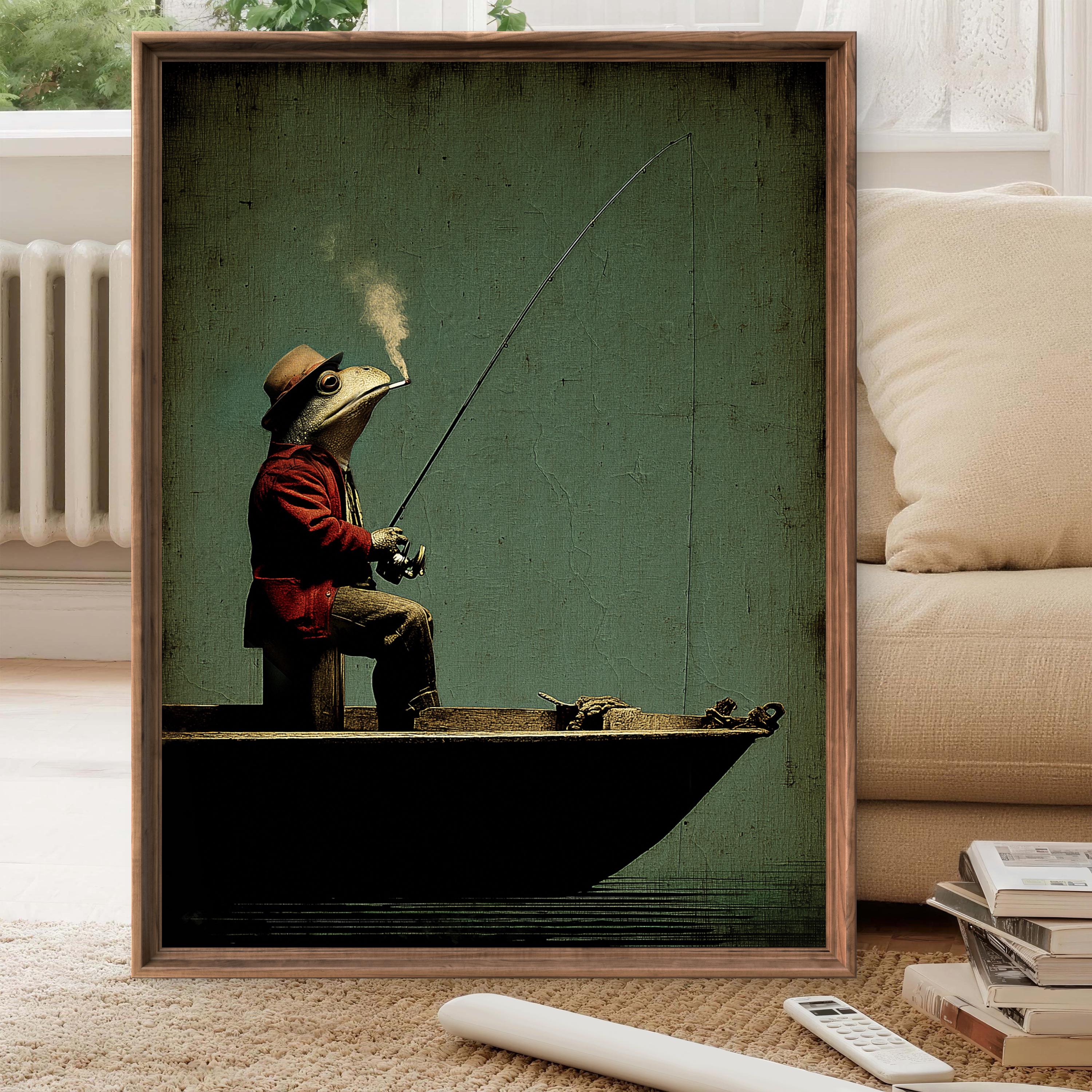 Whimsical Frog Fishing Digital Print – Surreal Vintage-style