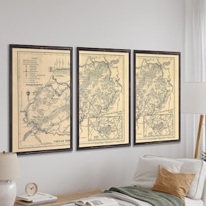 1941 Great Smoky Mountain National Park map reprint set, 5 sizes up to 48x24&quot; in 1, 2, or 3 Parts - 3 color choices - sold UNFRAMED