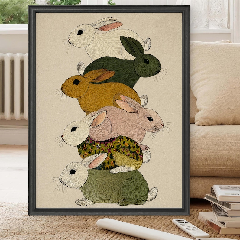 Colorful Mid-century Rabbits Art Print – Whimsical Floral Rabbits ...