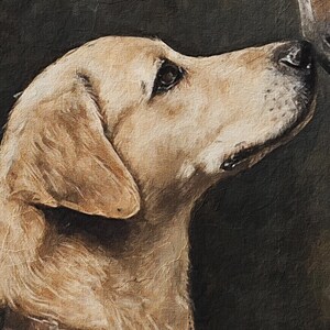 May include: A close-up of a golden retriever dog's head, looking to the right, with its mouth closed and ears perked up. The dog's fur is light brown and has a soft, textured look.