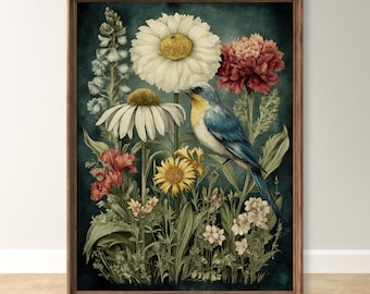 Vintage-style Botanical Bird and Flower Print – Cottagecore Wild Garden Wall Art Poster, Sold UNFRAMED #366