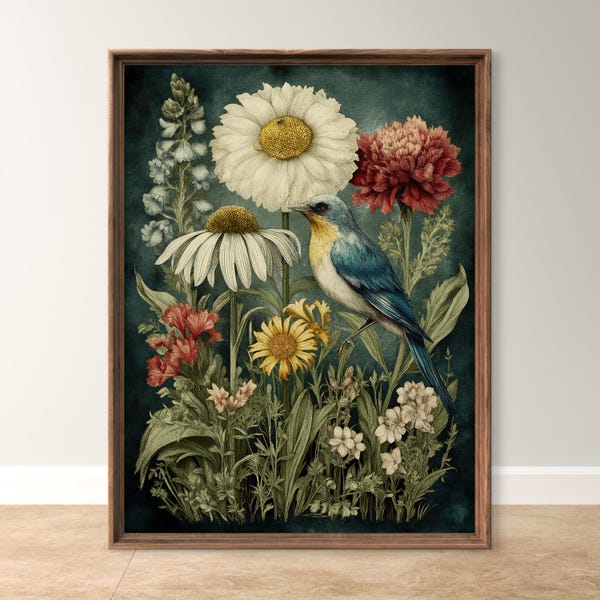 Vintage-style Botanical Bird and Flower Print – Cottagecore Wild Garden Wall Art Poster, Sold UNFRAMED #366