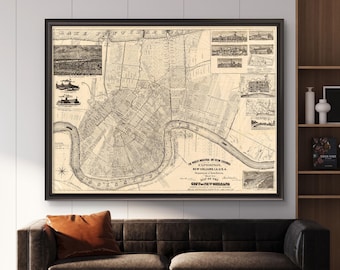 1884 New Orleans Map reprint - New Orleans pictorial map home decor - 3 color choices & 4 large/XL sizes up to 48" x 36" - sold unframed