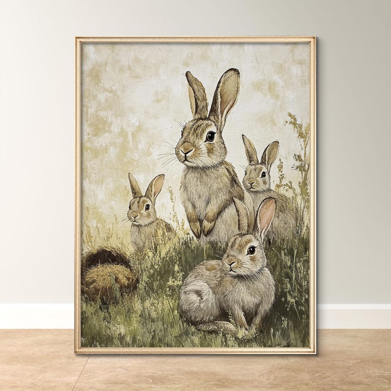 Rabbit Family Wall Art – Woodland Bunny Nursery Print, Rustic Animal ...