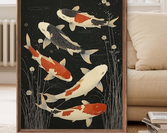 May include: Framed art print featuring five koi fish in a pond. The fish are white, red, and black, with detailed scales and fins. The background is a dark, textured water with subtle ripples and aquatic plants. The artwork is in a wooden frame.