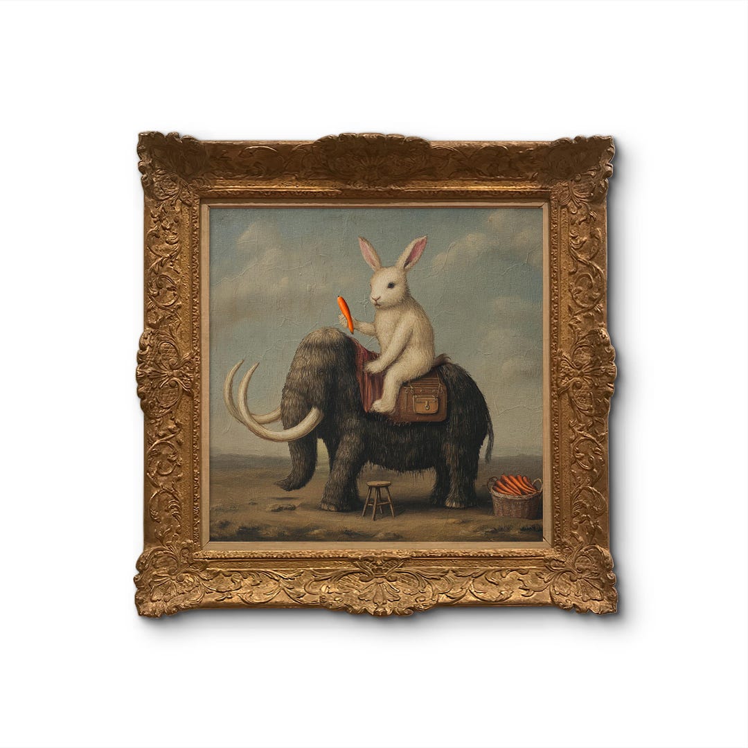 Surreal Rabbit Riding Mammoth Wall Art Print – Fantasy Animal Poster ...