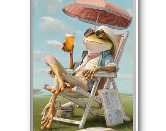 Funny Frog Beach Art - Summer Animal Poster - Relaxing Frog Wall Print - Quirky Vacation Decor for Home or Office Sold UNFRAMED #236