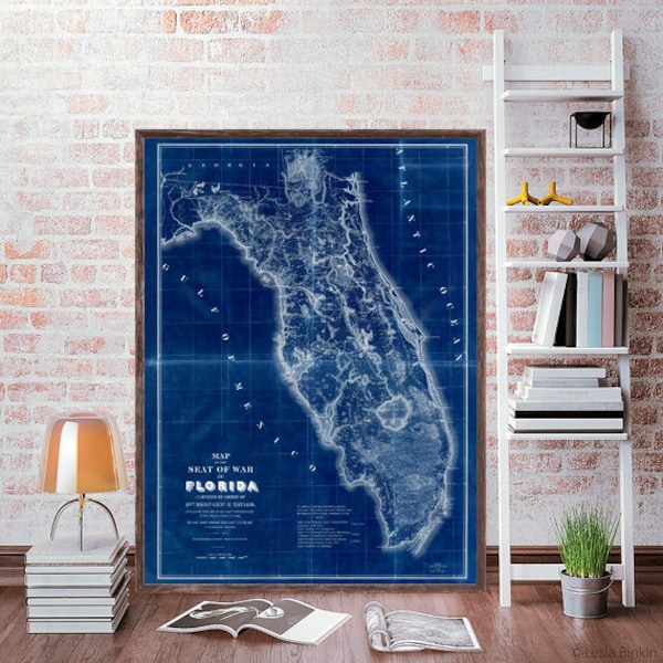 1839 Florida reprint, "Seat of War" Florida Map - Florida decor - 3 color choices & 4 large/XL sizes up to 48" x 36"- sold unframed only