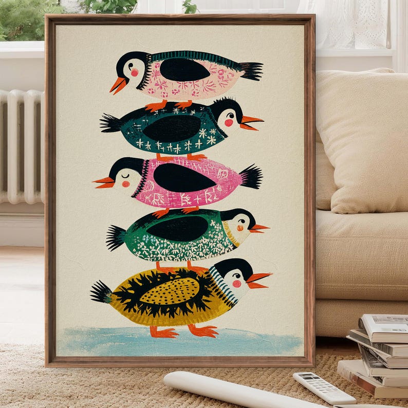 Colorful Penguin Stack Art Print, Whimsical Nursery Wall Art ...